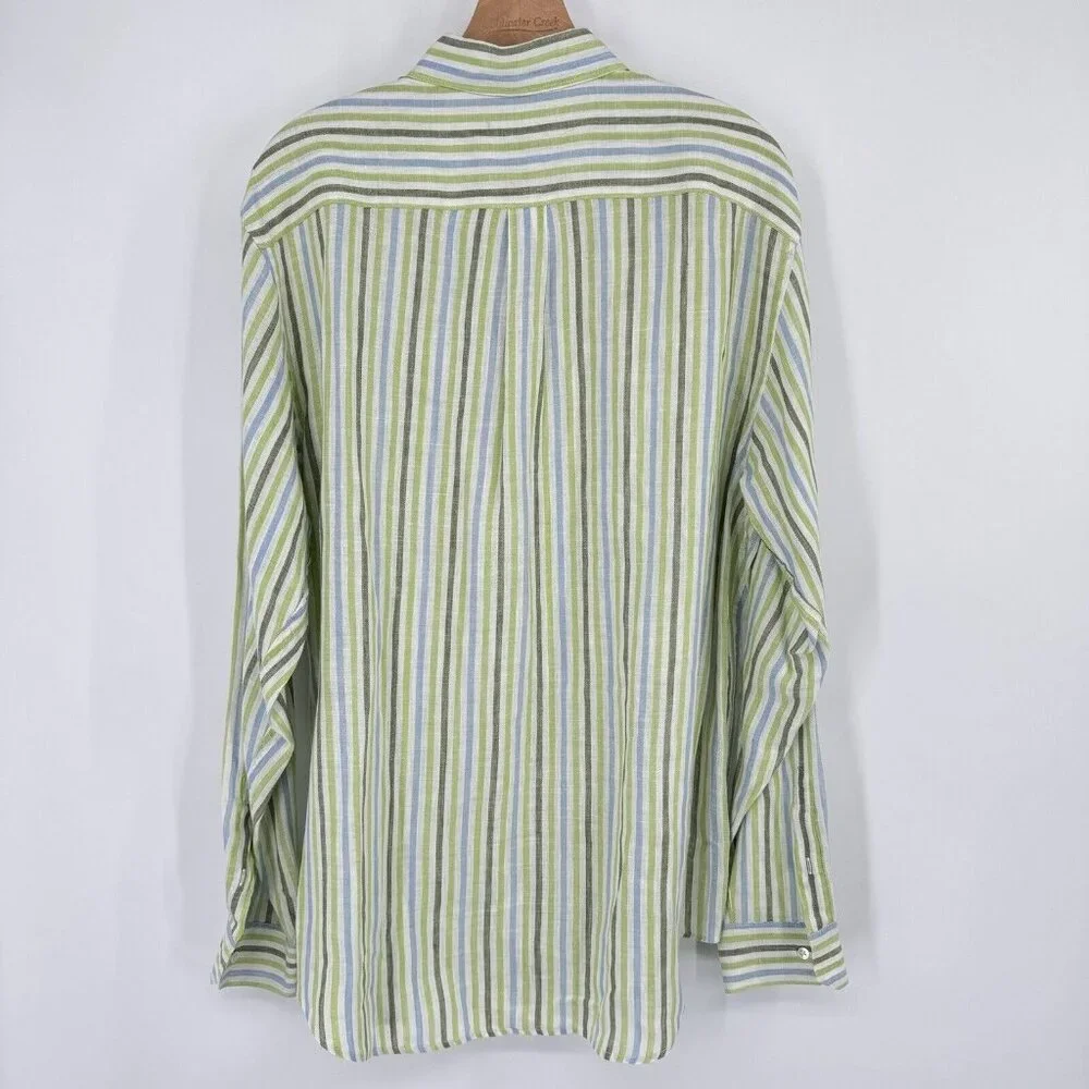 Banana Republic Linen Men's Striped Button Down Shirt Green Blue Size Large
